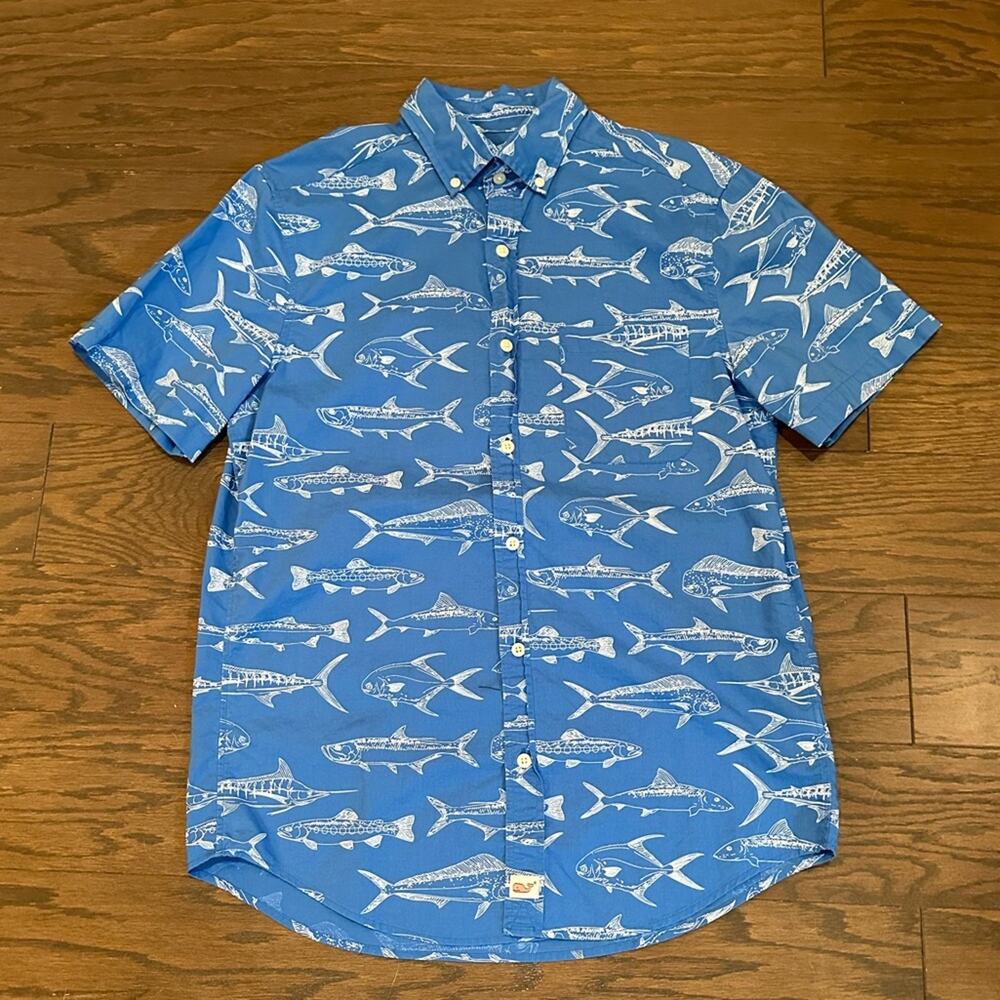 Vineyard Vines Blue Short-Sleeve Fish Print Button-Down Shirt